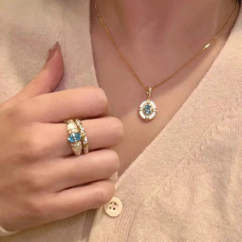 Classic blue jewelry sets dreamy aquamarine gem White Fritillaria Ring necklace by edenista