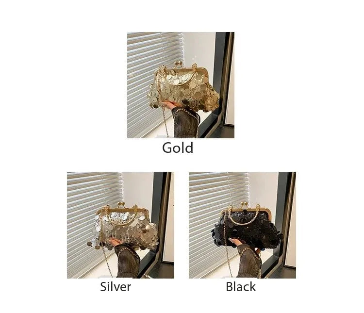 Elegant sequined evening shoulder bag with chain crossbody strap in three colors: gold, silver, black