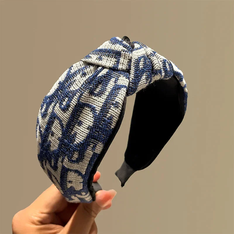 Edenista headband with blue and white cowboy retro pattern, knot top, outdoor accessory
