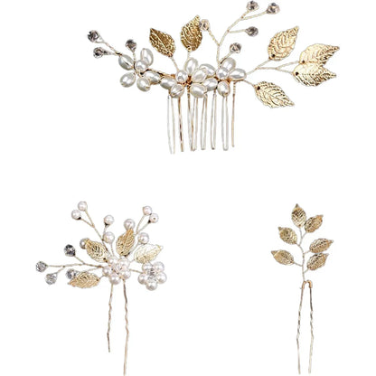 Flower Hairpin & Leaf Side Comb Set 4pcs