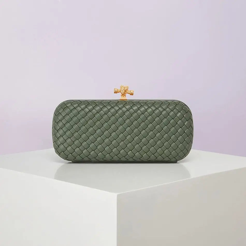 Woven PU crossbody bag by Edenista in olive green with gold-tone clasp