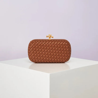 Edenista crossbody bag, brown woven PU with gold-tone clasp, boxy evening style