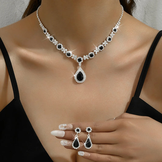 3 pieces of women's crystal droplet necklace with earrings set for wedding evening dress accessories