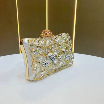 Edenista luxury crystal-embellished banquet clutch with ivory satin and gold-tone frame