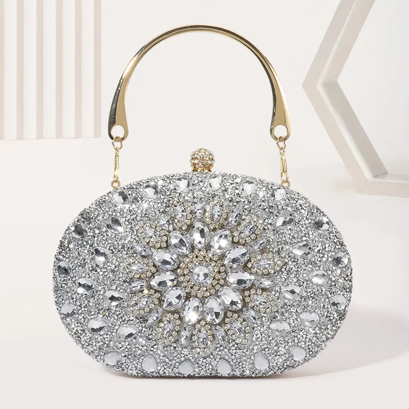 Evening clutch bag by Edenista with crystal silver rhinestones and gold-tone handle