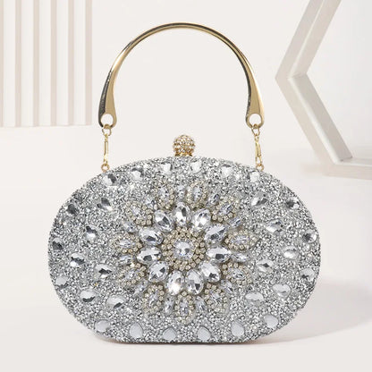 Evening clutch bag by Edenista with crystal silver rhinestones and gold-tone handle