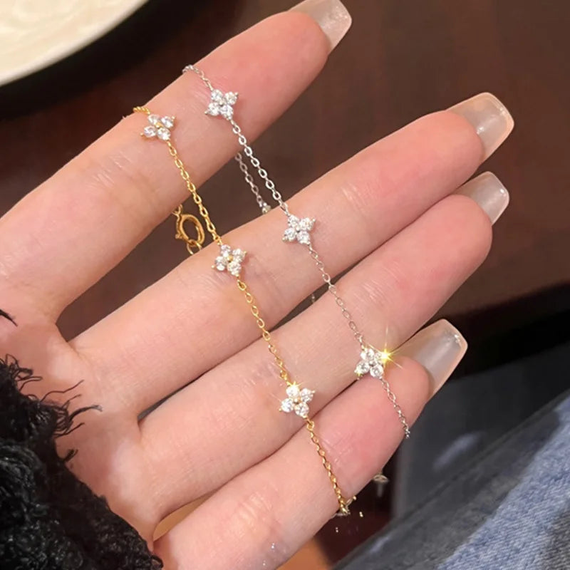 Four Leaf Flower Zircon Bracelet for Women – 925 Silver & 18K Gold