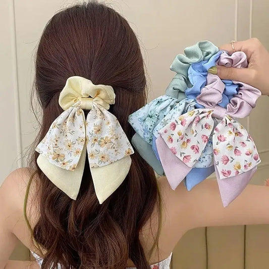 Floral Bow Large Scrunchie Hair Tie – Elastic Rubber Band for Women