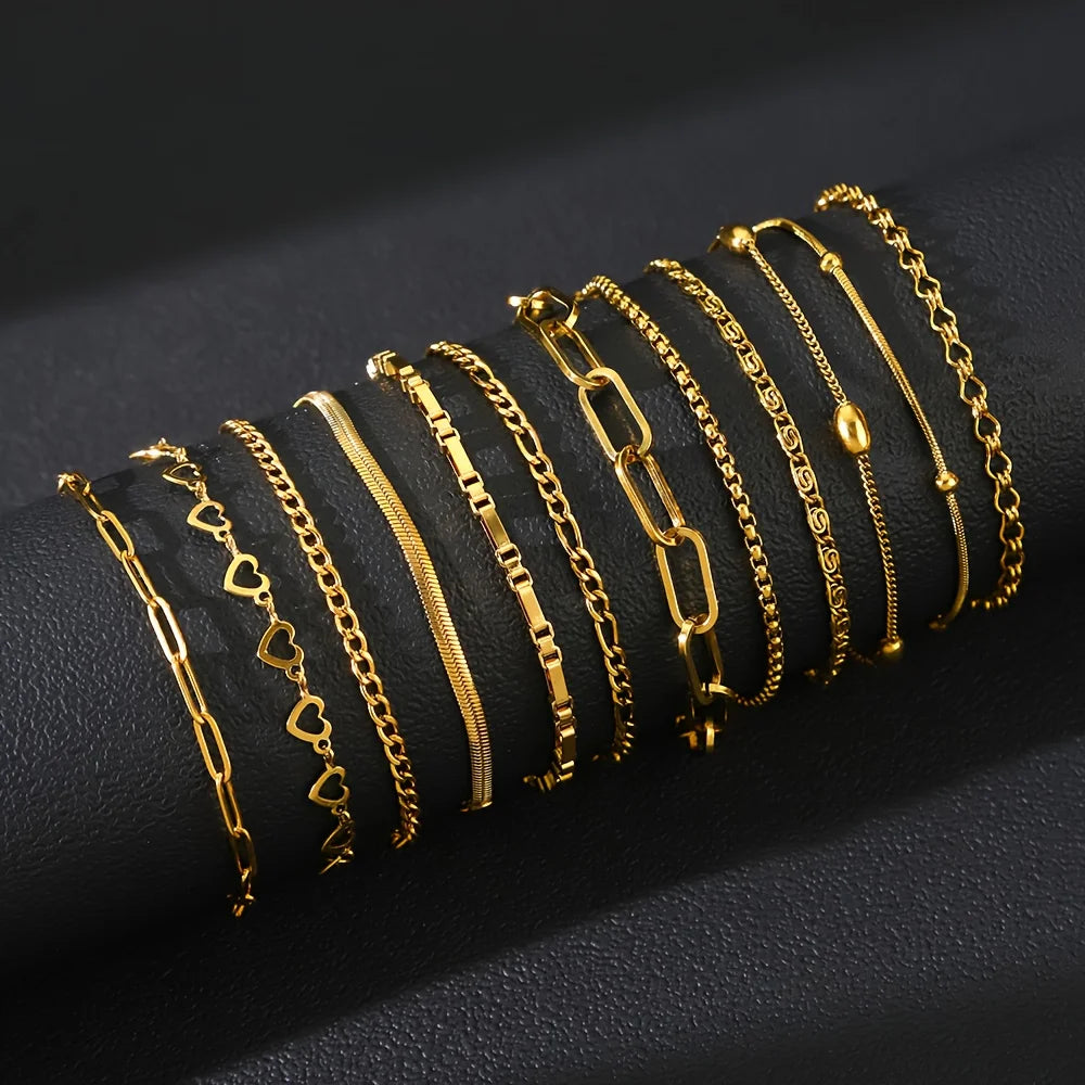 12-Piece Stainless Steel Bracelet Set for Women