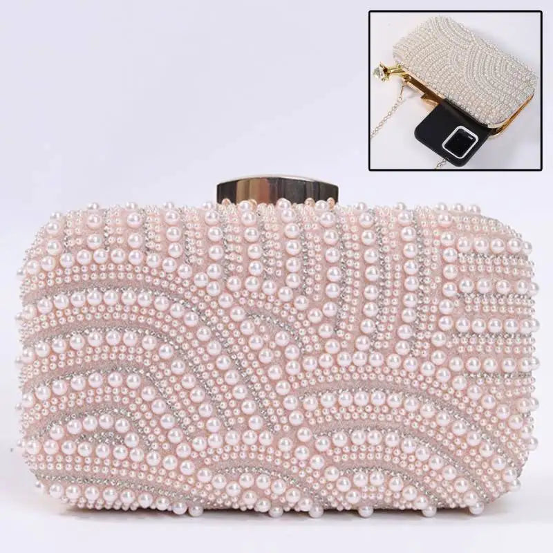Edenista pearl-beaded evening clutch with long chain, pink-beige color; 2 bags shown.