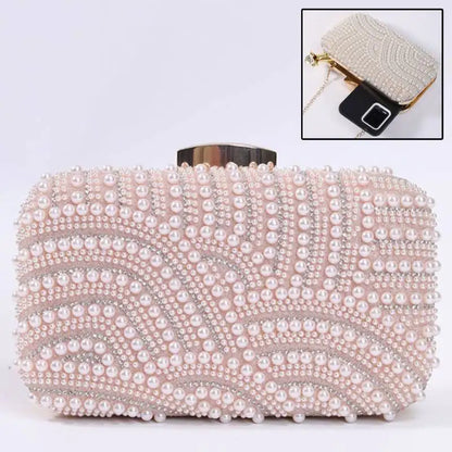 Edenista pearl-beaded evening clutch with long chain, pink-beige color; 2 bags shown.