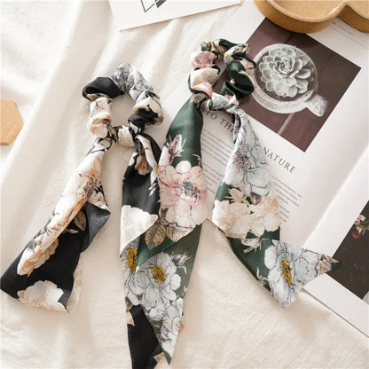 Flower Bow Satin Hair Ribbon Scrunchies – Vintage Ponytail Hairbands for Women