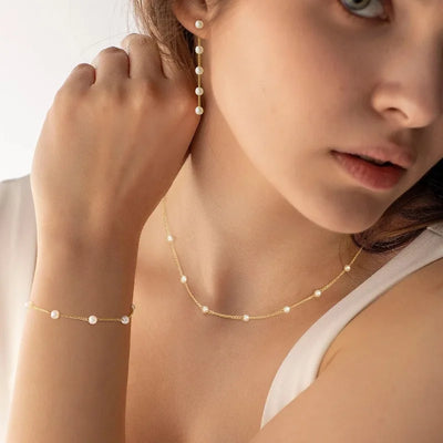 Jewelry Set for Women Dainty 14K Gold/Silver Plated Pearl Necklace and Earring Set by edenista