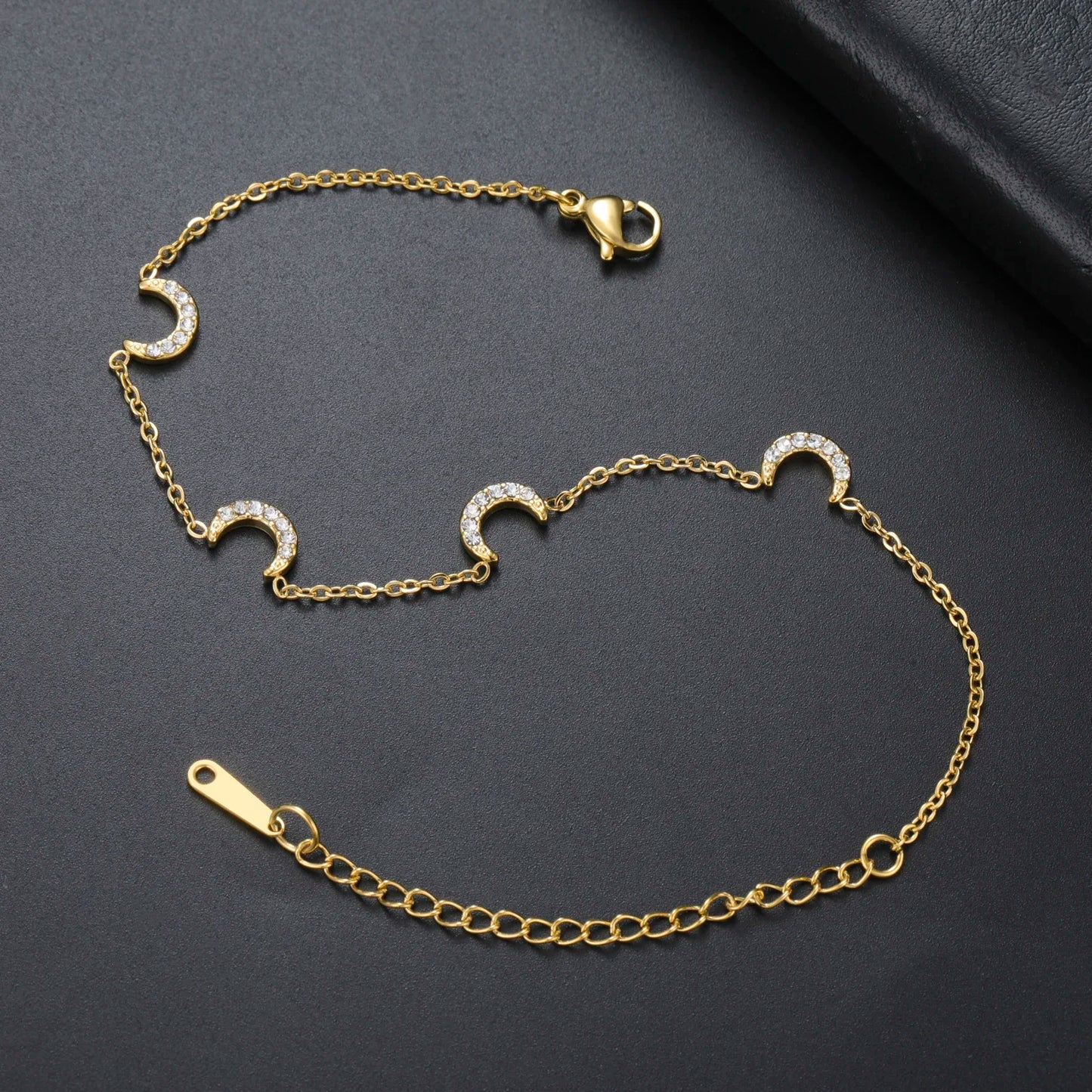 Clear Zircon Crescent Moon Charm Bracelet Stainless Steel Gold Color by edenista