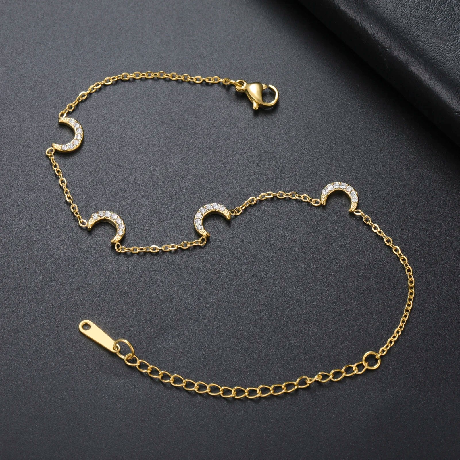 Clear Zircon Crescent Moon Charm Bracelet Stainless Steel Gold Color by edenista