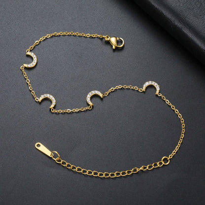Clear Zircon Crescent Moon Charm Bracelet Stainless Steel Gold Color by edenista