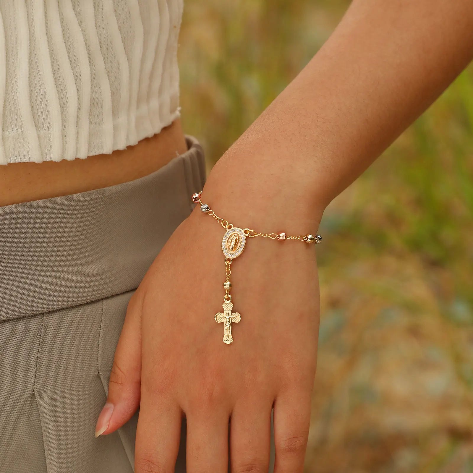 Virgin Mary Rosary Bead Cross Bracelet for Women Tri-color Adjustable Chain by edenista