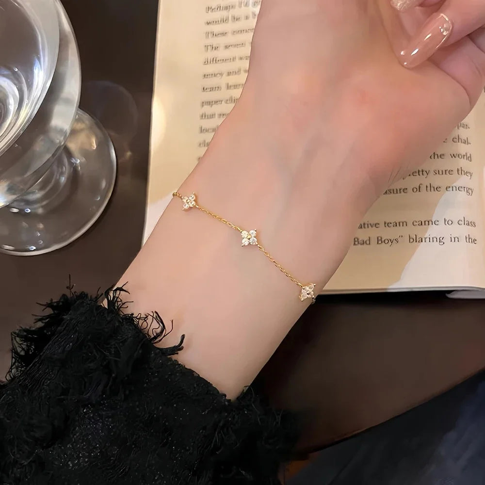 18K Gold Plated Zircon Four Leaf Collar Chain Necklace for Women