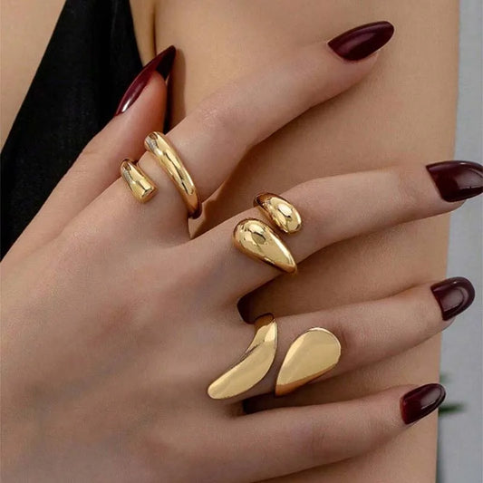3Pcs Set Vintage Gold Color Water Drop Rings for Women by edenista