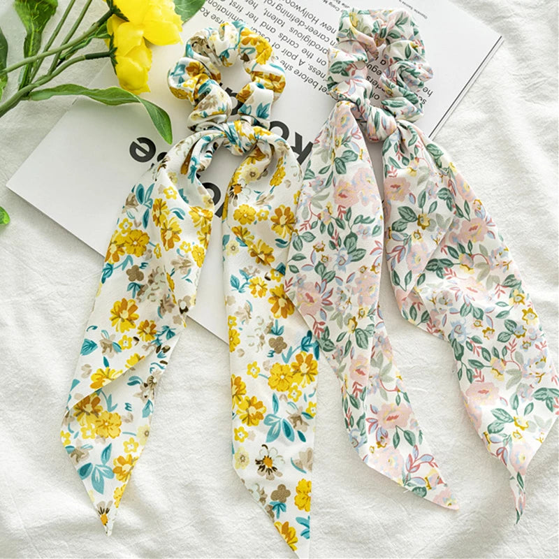 Flower Bow Satin Hair Ribbon Scrunchies – Vintage Ponytail Hairbands for Women