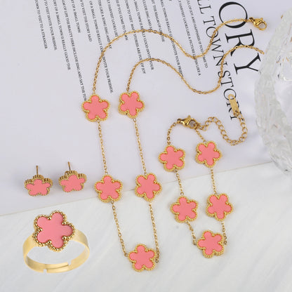 Stainless Steel Five Leaf Flower Jewelry Set