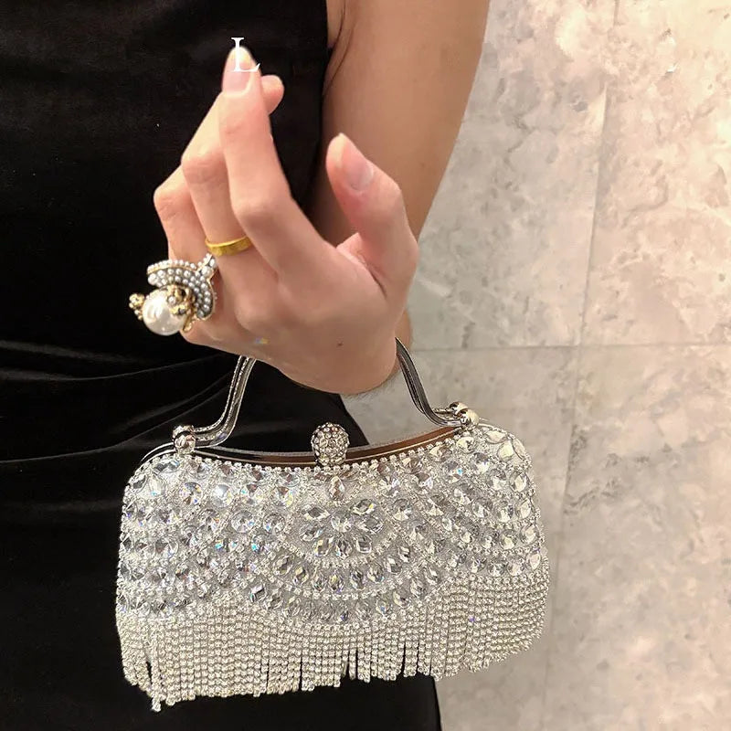 Diamond evening clutch bag; silver rhinestone body with fringe tassel bottom, compact handheld crystal purse Edenista