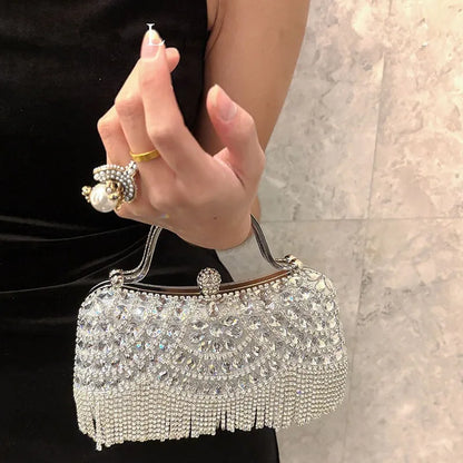 Diamond evening clutch bag; silver rhinestone body with fringe tassel bottom, compact handheld crystal purse Edenista
