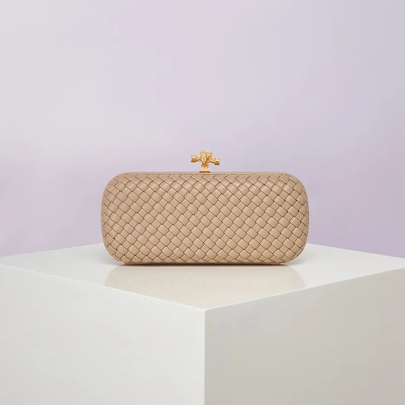 Edenista woven PU evening bag, beige with gold-tone clasp, boxy crossbody clutch