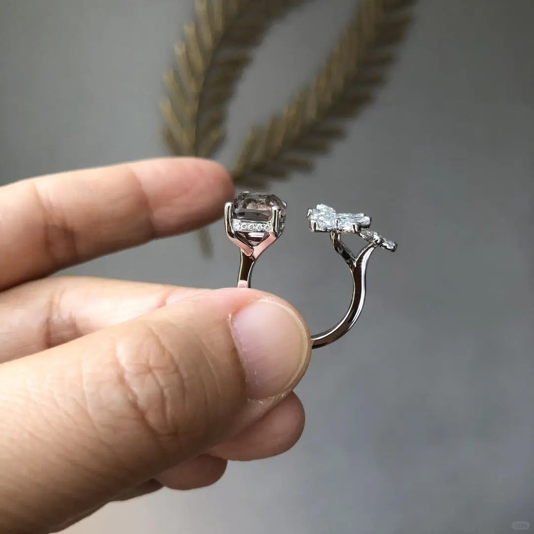Horse eye diamond pink gemstone inlaid butterfly ring for women by edenista