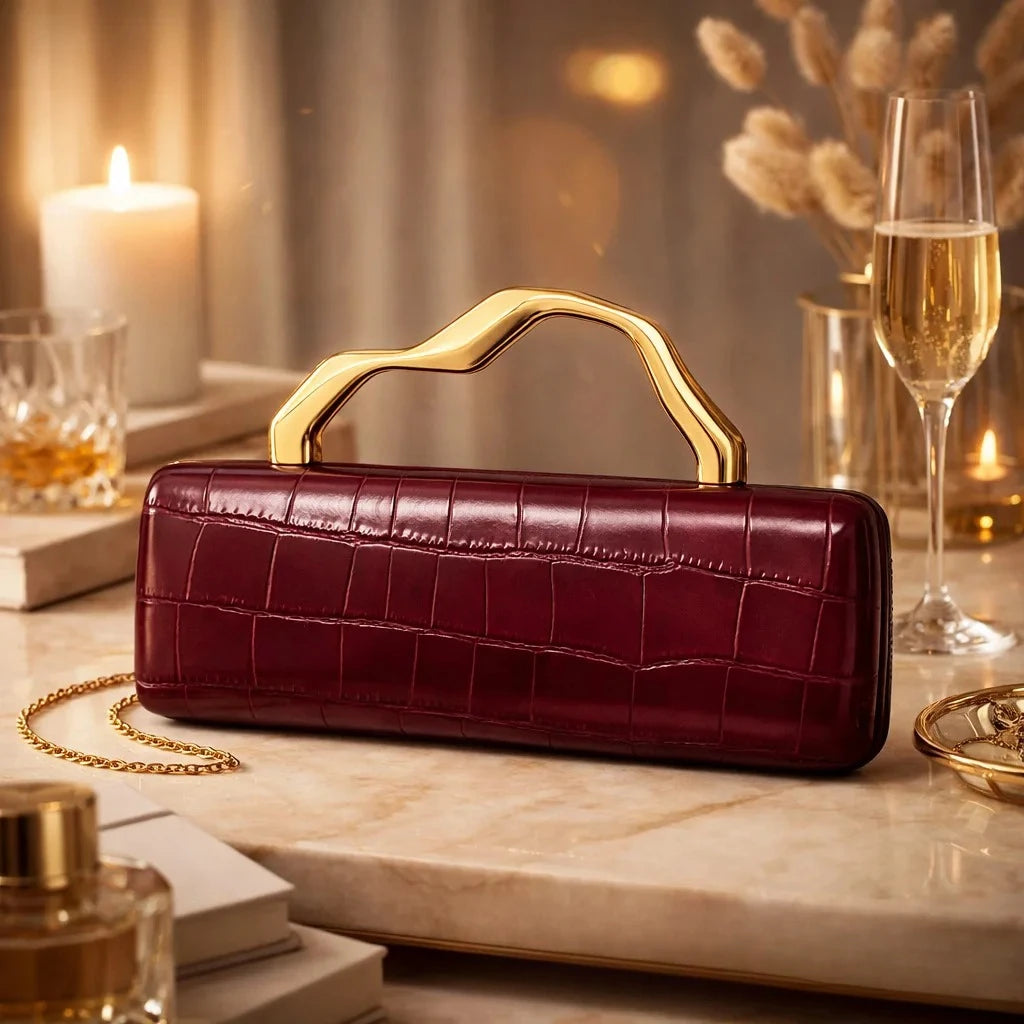 Edenista luxury burgundy crocodile-pattern PU evening clutch with gilded arched handle
