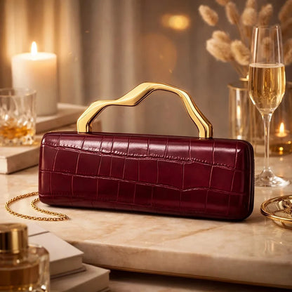 Edenista luxury burgundy crocodile-pattern PU evening clutch with gilded arched handle