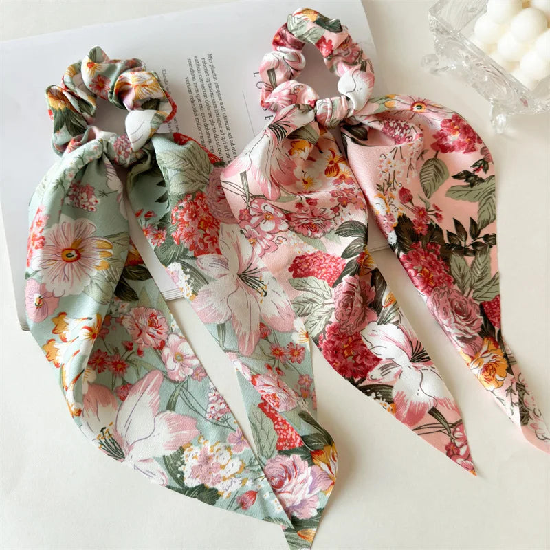 Flower Bow Satin Hair Ribbon Scrunchies – Vintage Ponytail Hairbands for Women