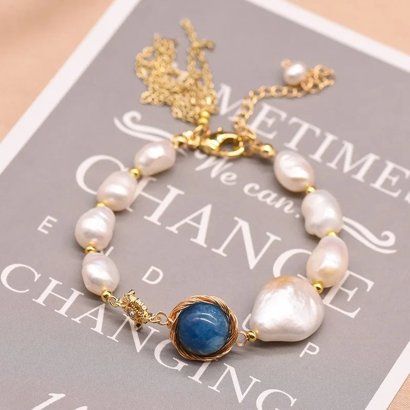 Freshwater Baroque Pearl Bracelet for Women Blue Crystal Beads Retro 18k Gold Plated by edenista
