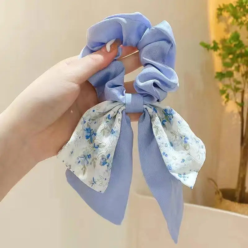 Floral Bow Large Scrunchie Hair Tie – Elastic Rubber Band for Women