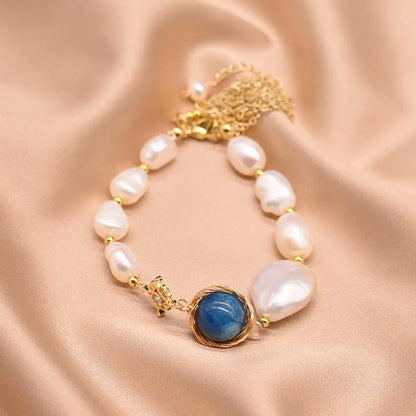 Freshwater Baroque Pearl Bracelet for Women Blue Crystal Beads Retro 18k Gold Plated by edenista