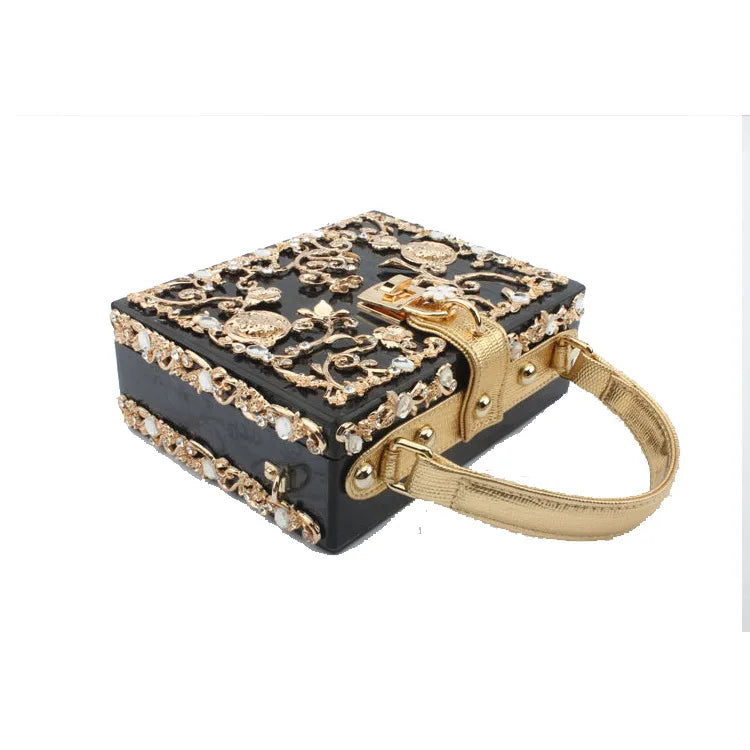 Edenista high-grade acrylic evening bag, black clutch with gold rhinestone filigree and gold handle