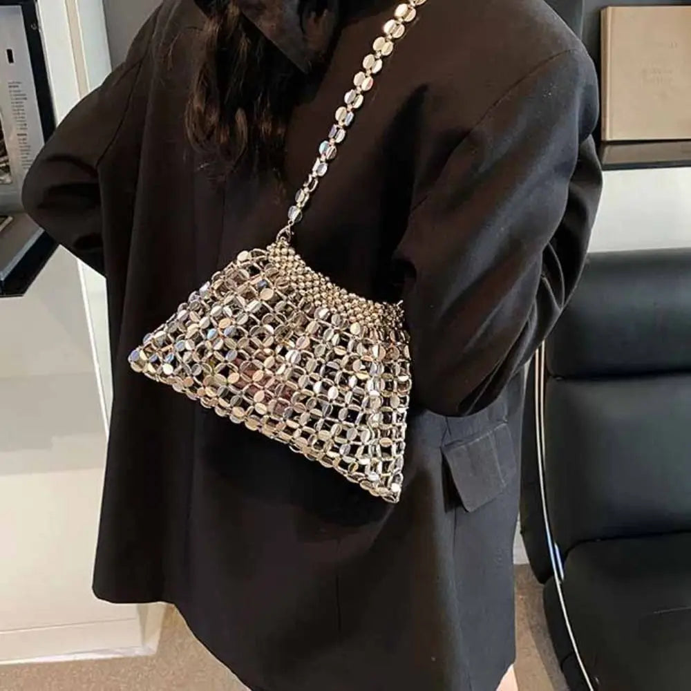 Sequin evening bag by Edenista; silver glitter mini underarm purse with lattice chain strap