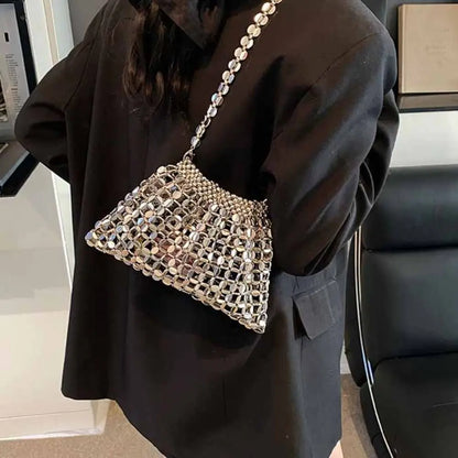 Sequin evening bag by Edenista; silver glitter mini underarm purse with lattice chain strap