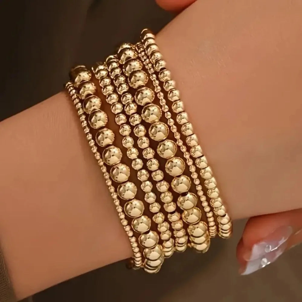7PCS Golden Bead Bracelet Set for Women Flexible Stretch Fit Minimalist Beaded Bangles by edenista