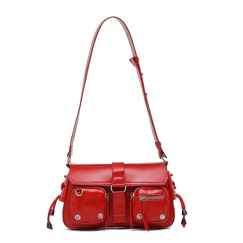 Women chic multiple pockets red shoulder bag with riveted front pockets and adjustable strap
