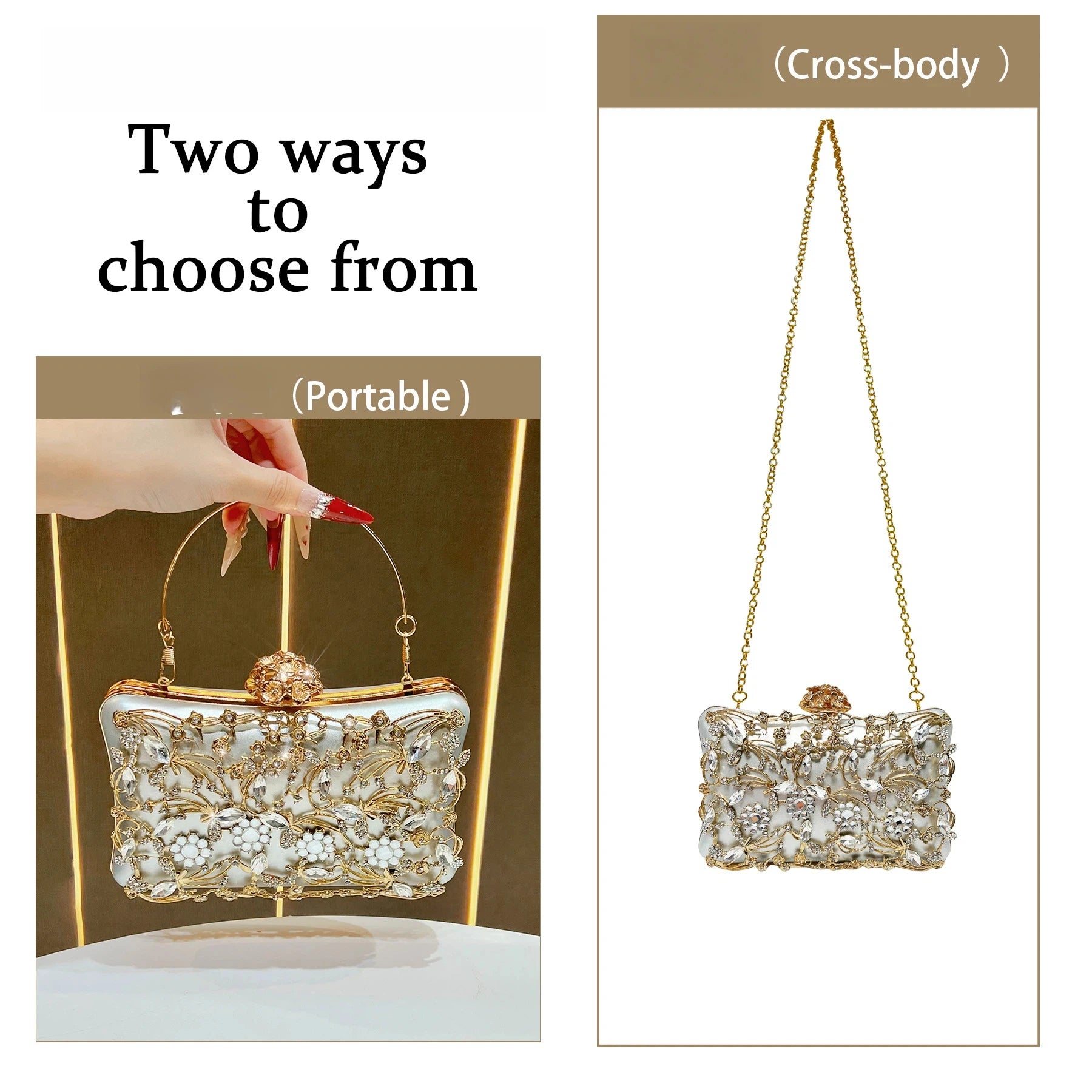 Edenista banquet bags, 2 shown, crystal floral embroidery on pale ivory bases with gold chain straps