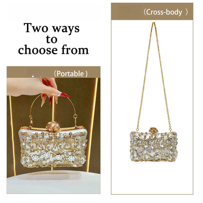 Edenista banquet bags, 2 shown, crystal floral embroidery on pale ivory bases with gold chain straps