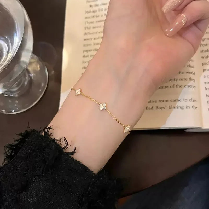 Crystal Four Leaf Flower Bracelet for Women Classic Trendy Gold Color Stainless Steel Zircon Bangle Jewelry Gift by edenista