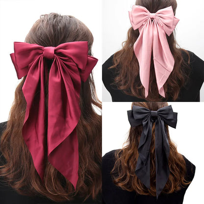 Elegant Satin Bow Ribbon Hair Clip – Solid Spring Clip Hairpin for Women & Girls