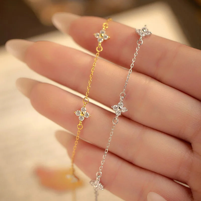 Four Leaf Flower Zircon Bracelet for Women – 925 Silver & 18K Gold