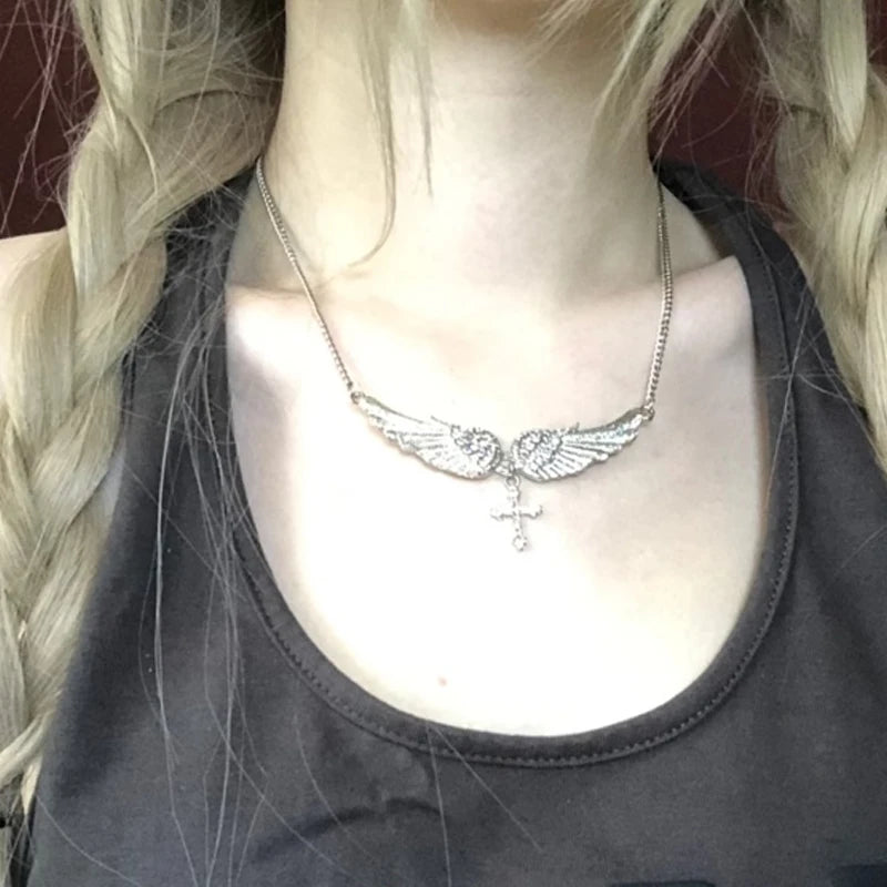 Angel Wings Cross Pendant Necklace – Crystal Rhinestone