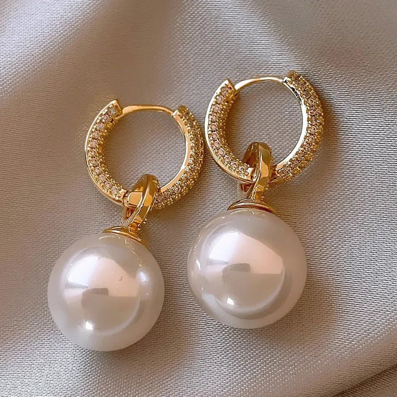 Gold Plated Imitation Pearl & Zircon Drop Earrings