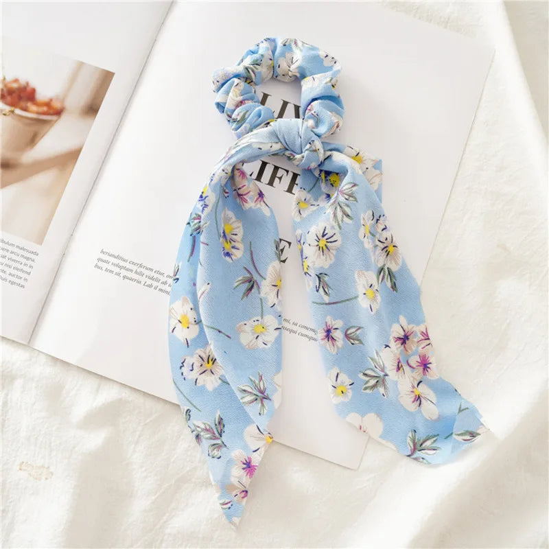 Flower Bow Satin Hair Ribbon Scrunchies – Vintage Ponytail Hairbands for Women