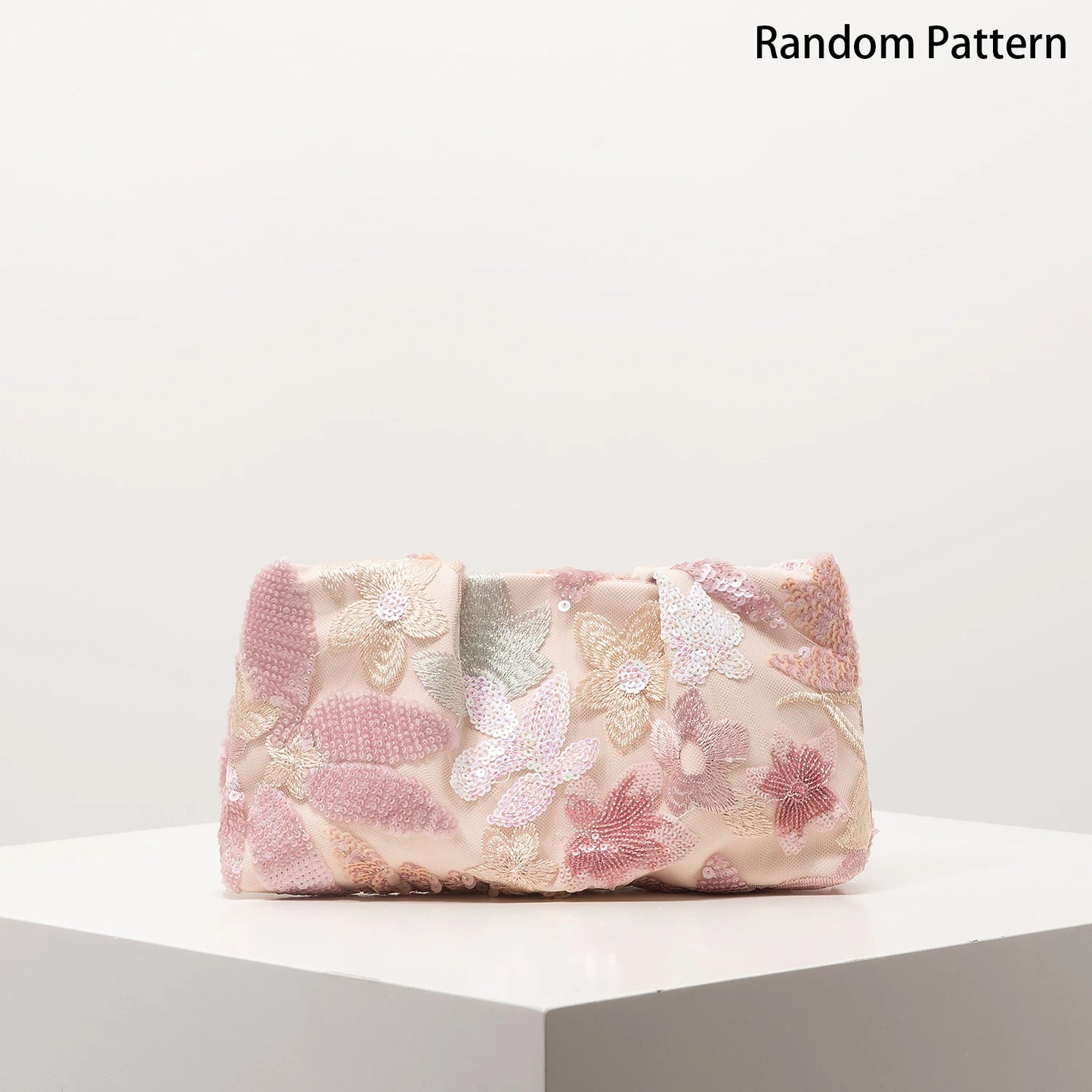 Clutch bag with pink floral sequin embroidery on satin fabric
