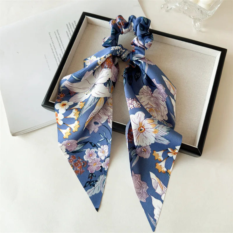 Flower Bow Satin Hair Ribbon Scrunchies – Vintage Ponytail Hairbands for Women